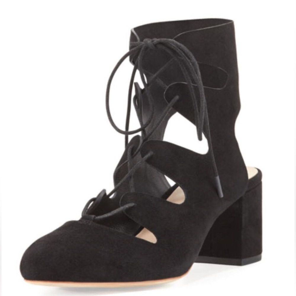 Loeffler Randall Black Suede Lexi Caged Block Heel Pumps Sz 5.5 Laceup with box